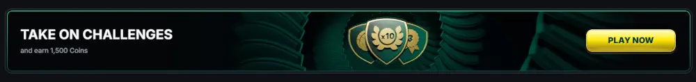 Banner de desafíos de juego de Kinbet que ofrece recompensas en monedas por participación